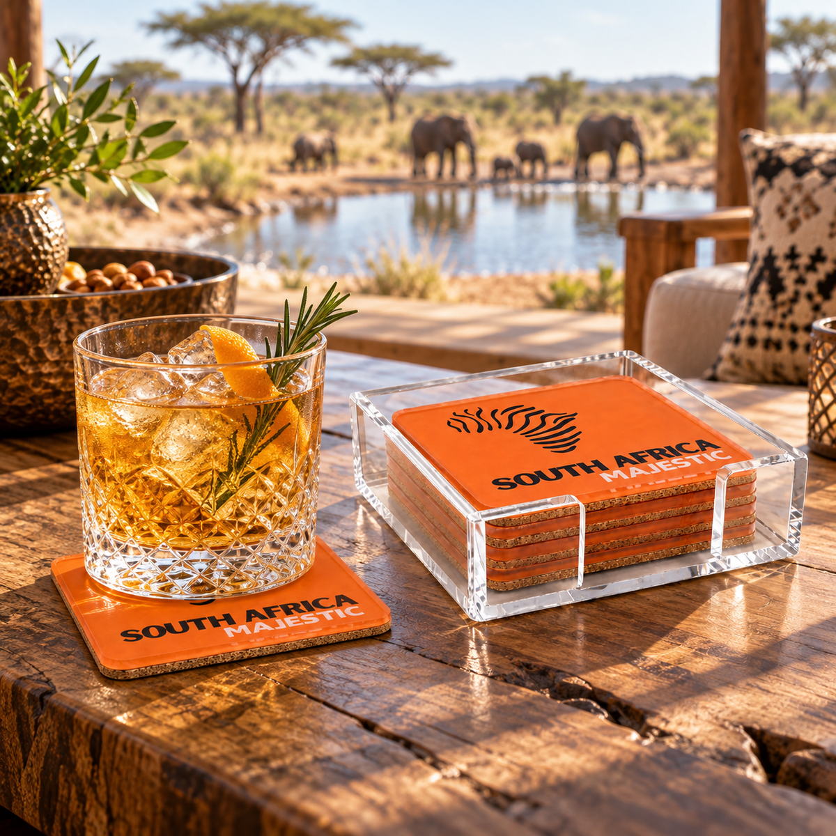 South Africa Bon Voyage acrylic coasters and holder on a rustic wooden table overlooking elephants at a safari watering hole