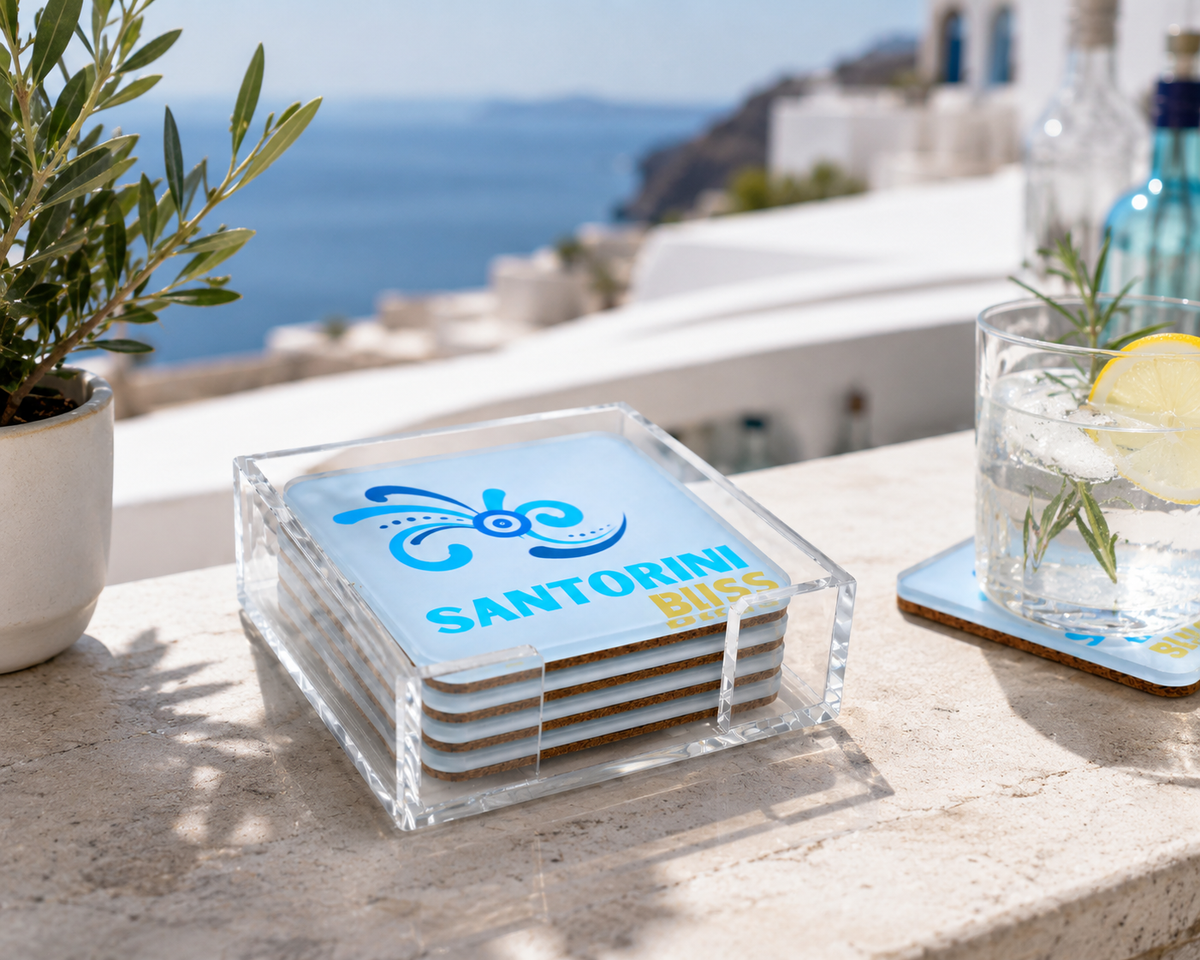 Bon Voyage Acrylic Coasters, Santorini with Holder - alternate view