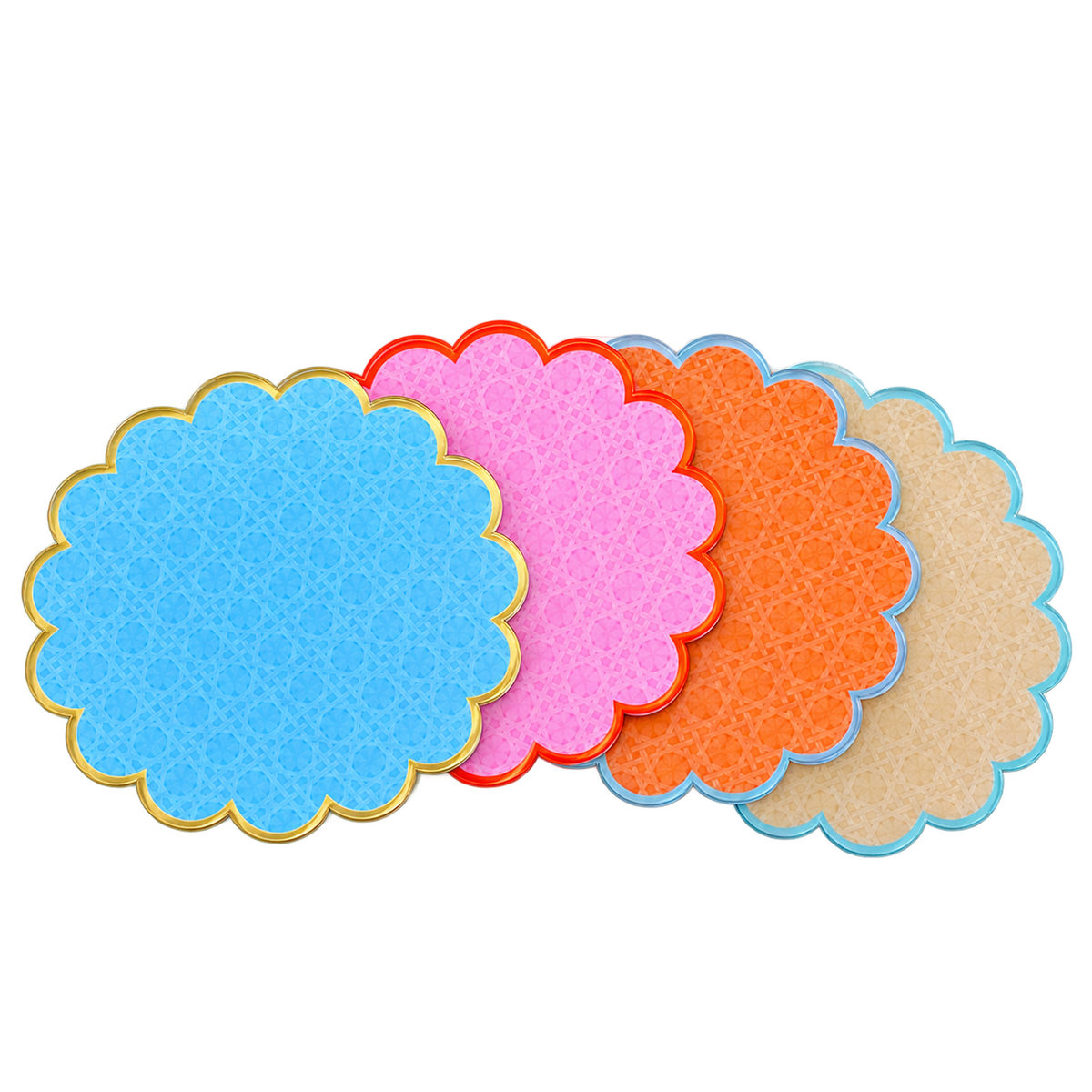 Cabana coasters fanned in a stack, showing blue, pink, orange and sand woven patterns