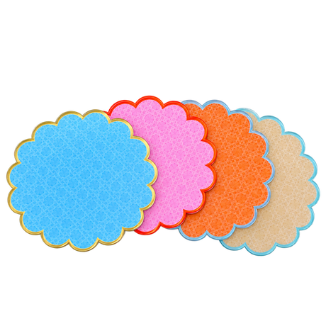 Cabana coasters fanned in a stack, showing blue, pink, orange and sand woven patterns