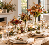 Clear acrylic bud vases filled with autumn flowers as a Thanksgiving table centerpiece
