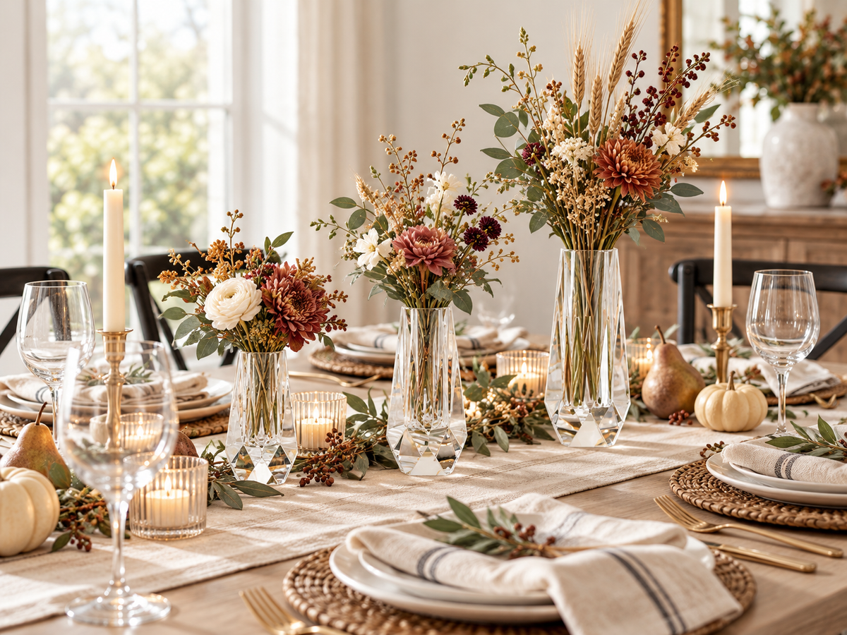 Harvest dinner table styled with clear acrylic bud vases, dried wheat and autumn blooms, pumpkins and candlelight