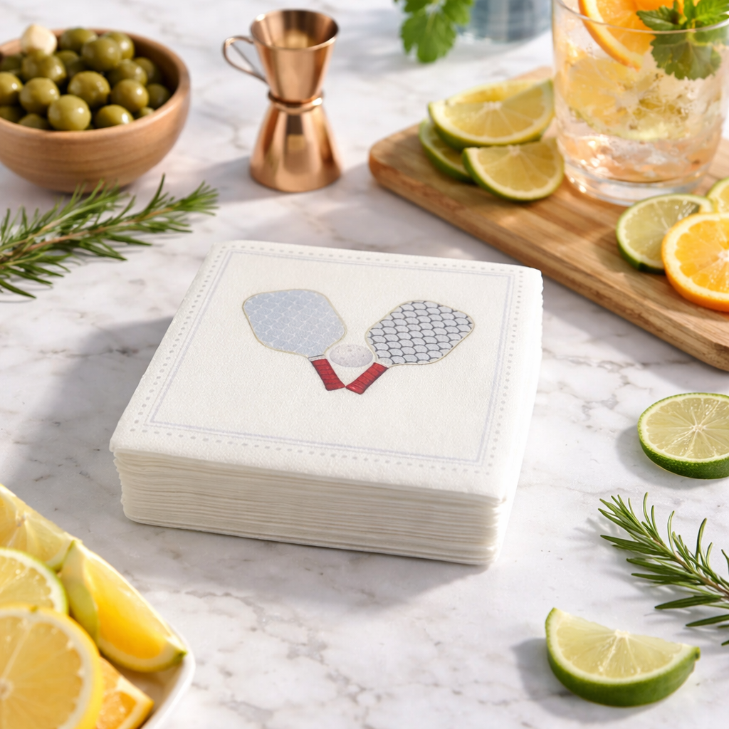 Linen-feel cocktail napkins printed with crossed pickleball paddles and a ball in a dotted border