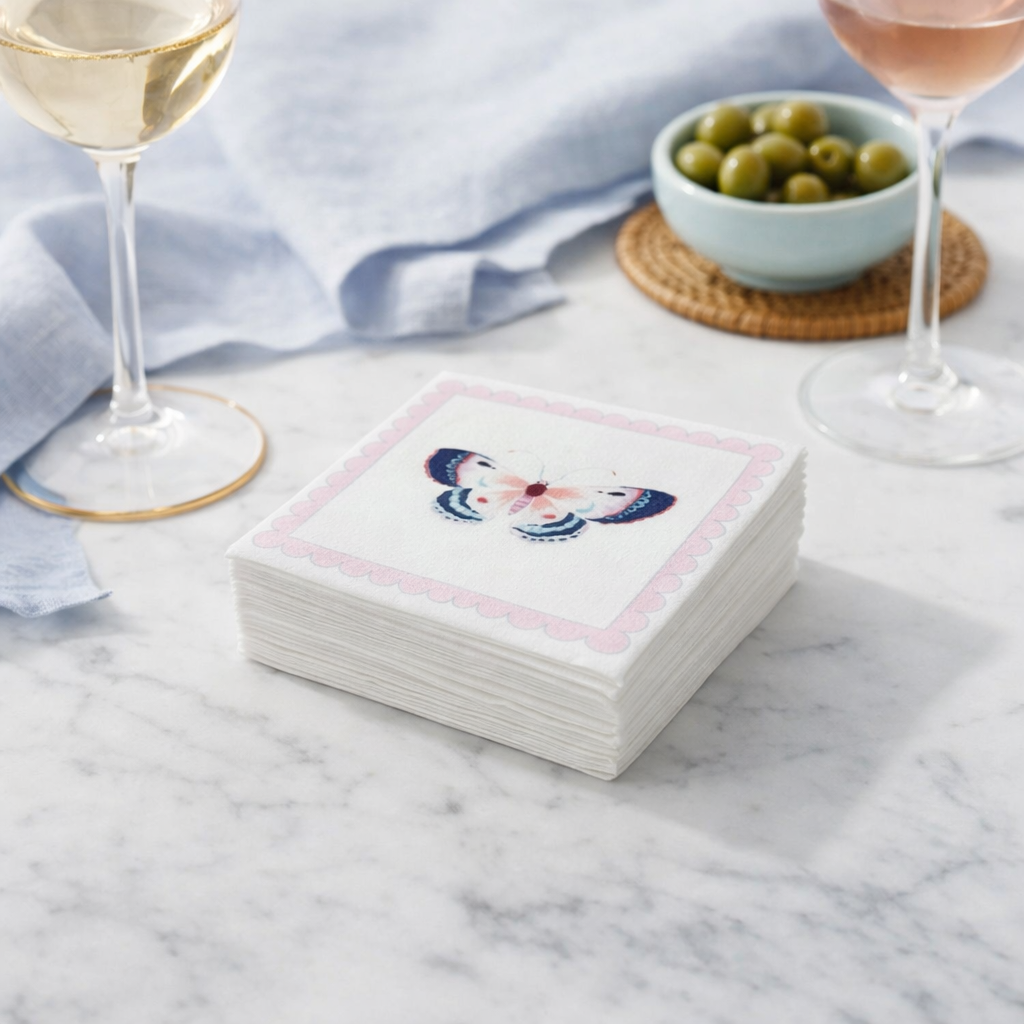 Linen-Feel Cocktail Napkins, Pink Butterfly - alternate view
