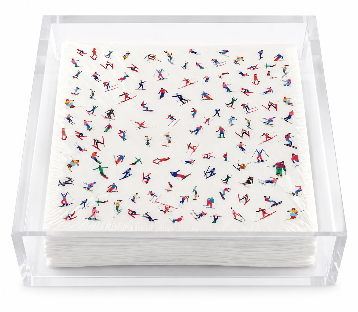 Apres Ski cocktail napkin design: Après Ski in aqua and red over a pattern of tiny skiers