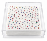 Apres Ski cocktail napkin design: Après Ski in aqua and red over a pattern of tiny skiers
