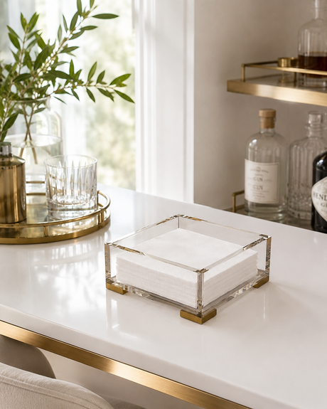 Maven Home Brass Corners clear acrylic cocktail napkin holder