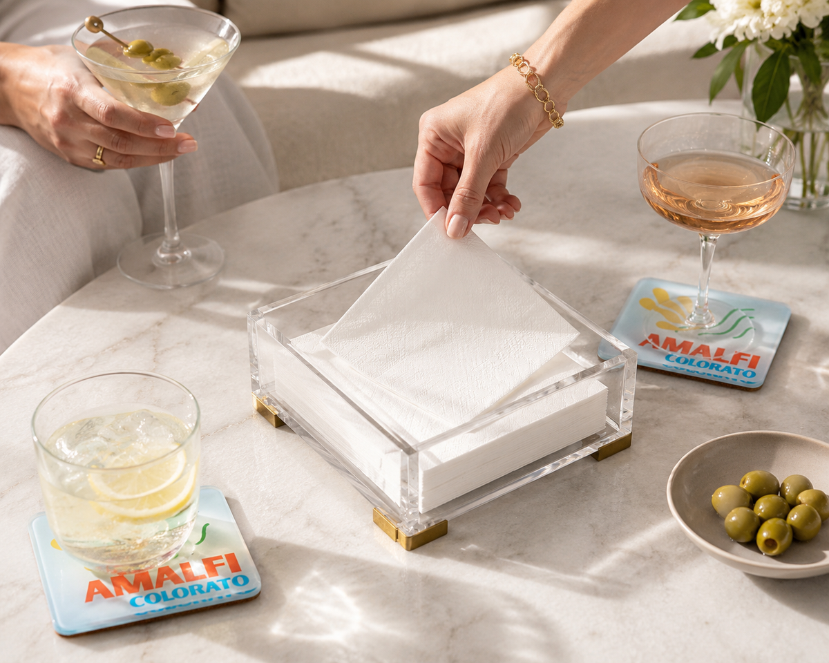 Clear Acrylic Cocktail Napkin Holder, Brass Corners - view 03