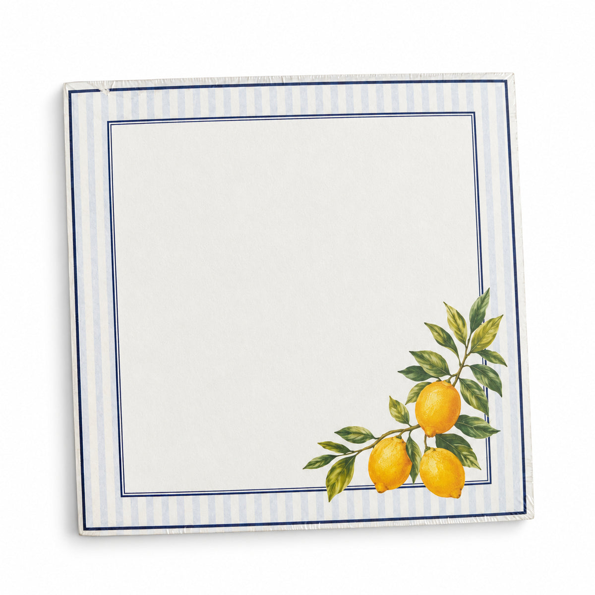 Front view of the Dolce Vita 5x5 notepad with a blue stripe border and a lemon branch
