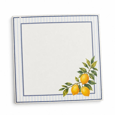 Front view of the Dolce Vita 5x5 notepad with a blue stripe border and a lemon branch