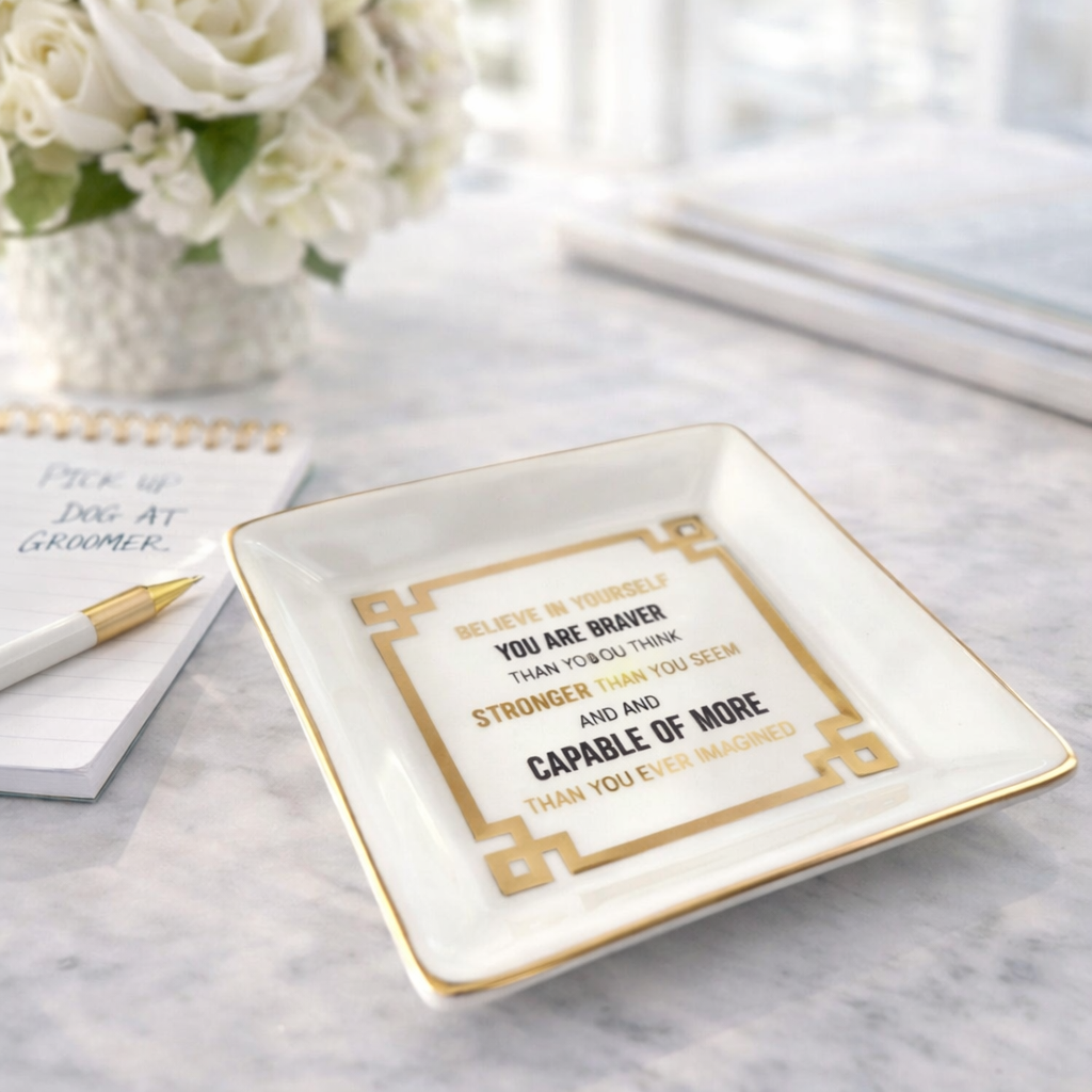Porcelain Trinket Dish, Believe in Yourself, Gold Rim