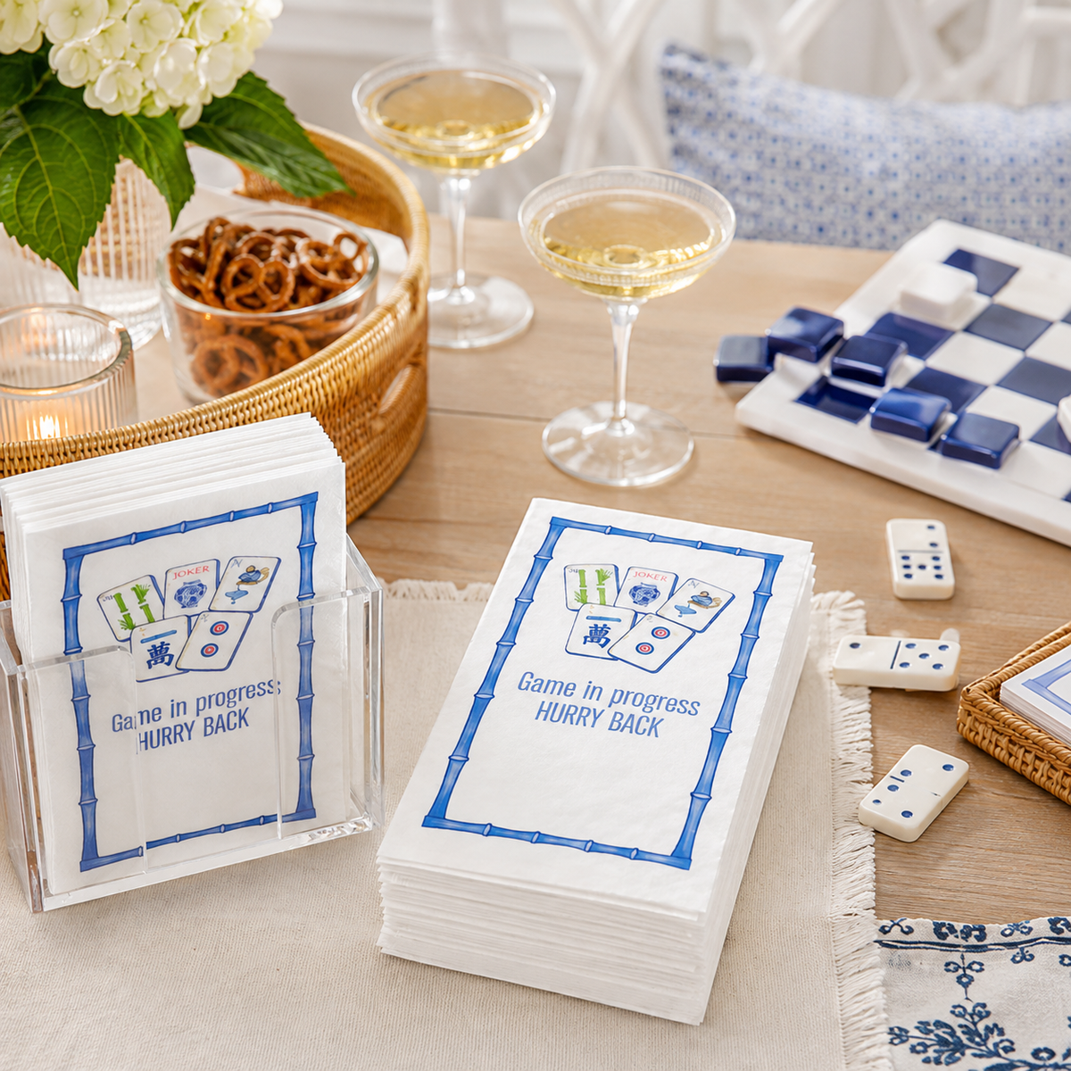 Linen-Feel Guest Towel Napkins, Mahjong Game in Progress, Hurry Back, alternate photo