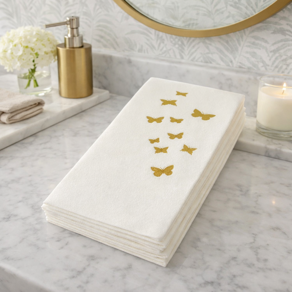 Linen-Feel Guest Towel Napkins, Gold Butterflies