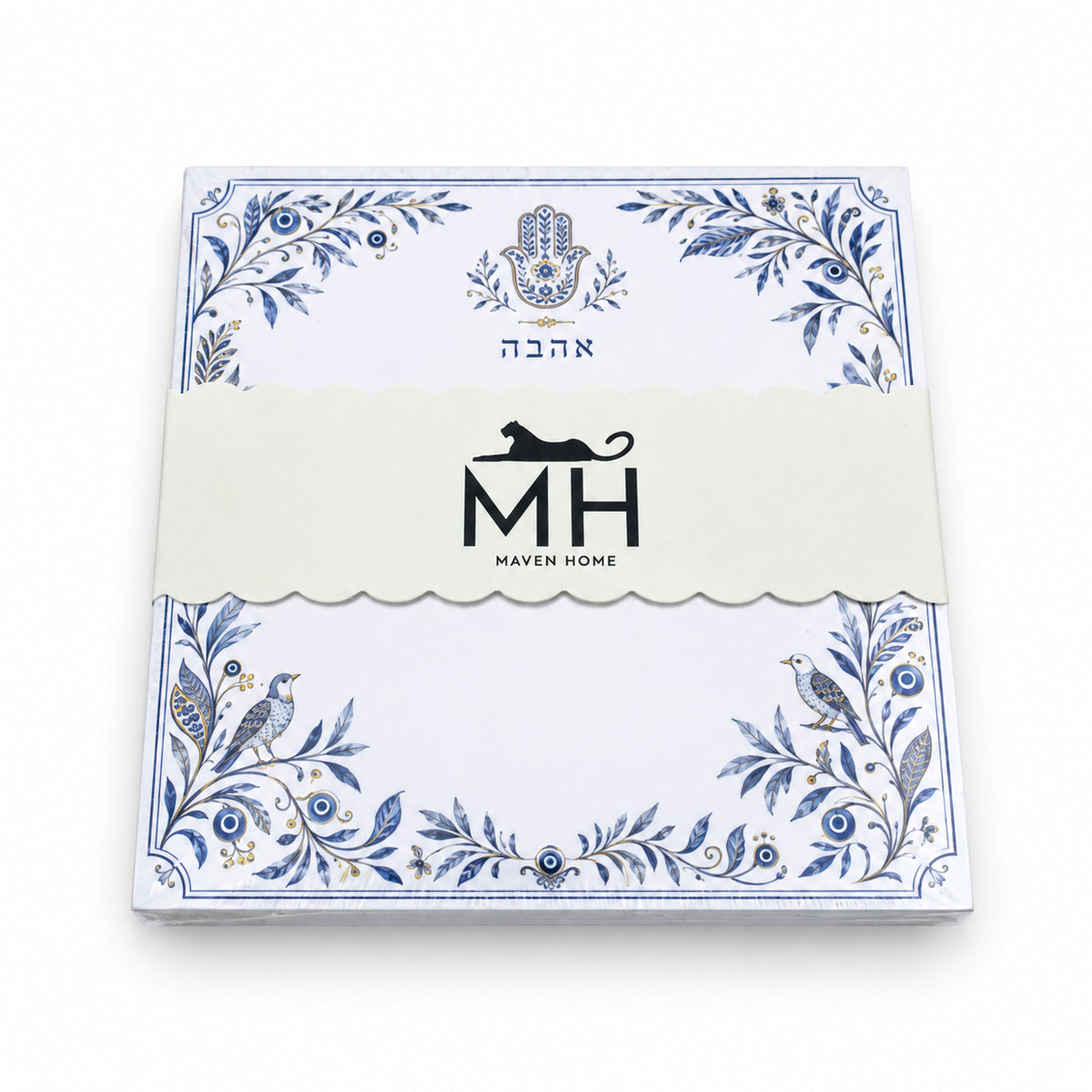 Hamsa and Ahava 5x5 notepad wrapped in its scalloped MH band, with blue vines, birds and evil eyes