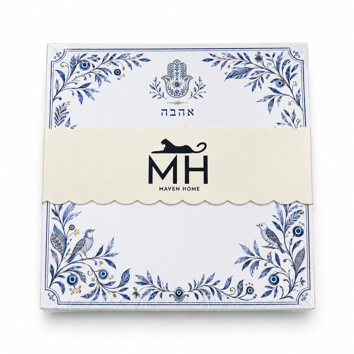 Hamsa and Ahava 5x5 notepad in cello wrap with a scalloped MH Maven Home band, blue vines, birds and evil eyes