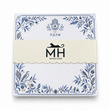 Hamsa and Ahava 5x5 notepad in cello wrap with a scalloped MH Maven Home band, blue vines, birds and evil eyes