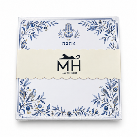 Hamsa and Ahava 5x5 notepad in cello wrap with a scalloped MH Maven Home band, blue vines, birds and evil eyes