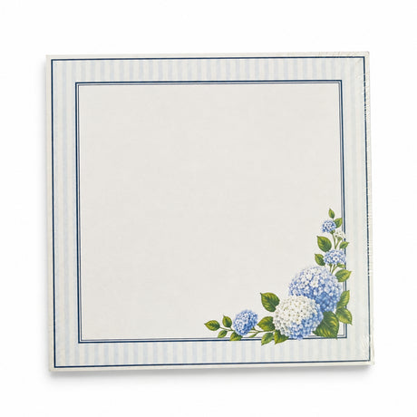 Front view of the Hydrangea 5x5 notepad with blue and white hydrangeas in the corner