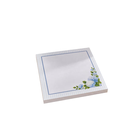 Hydrangea 5x5 notepad refill with blue and white hydrangeas and a light blue striped border