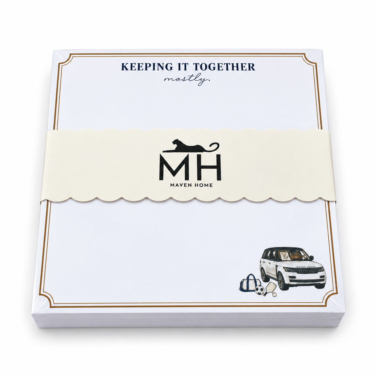 Keeping It Together, Mostly notepad in its MH band with a gold border and a white SUV