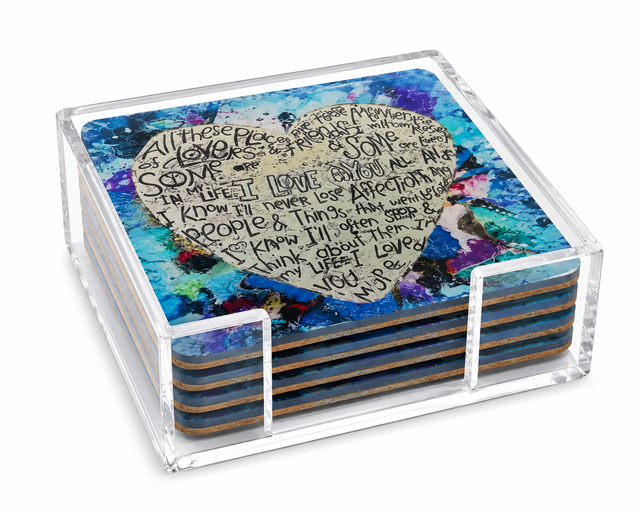 Love Acrylic Coasters, Blue Heart with Holder