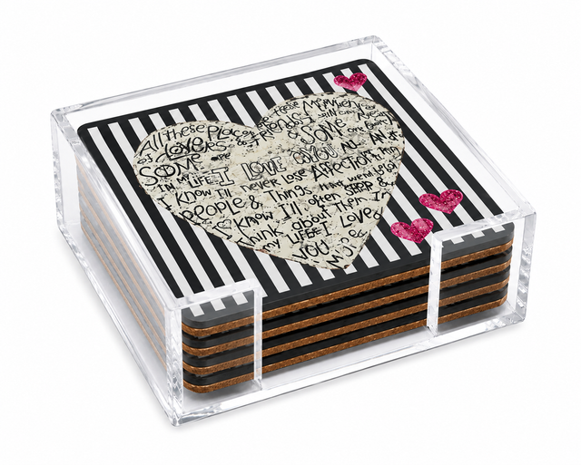 Love Acrylic Coasters, Stripe Heart with Holder