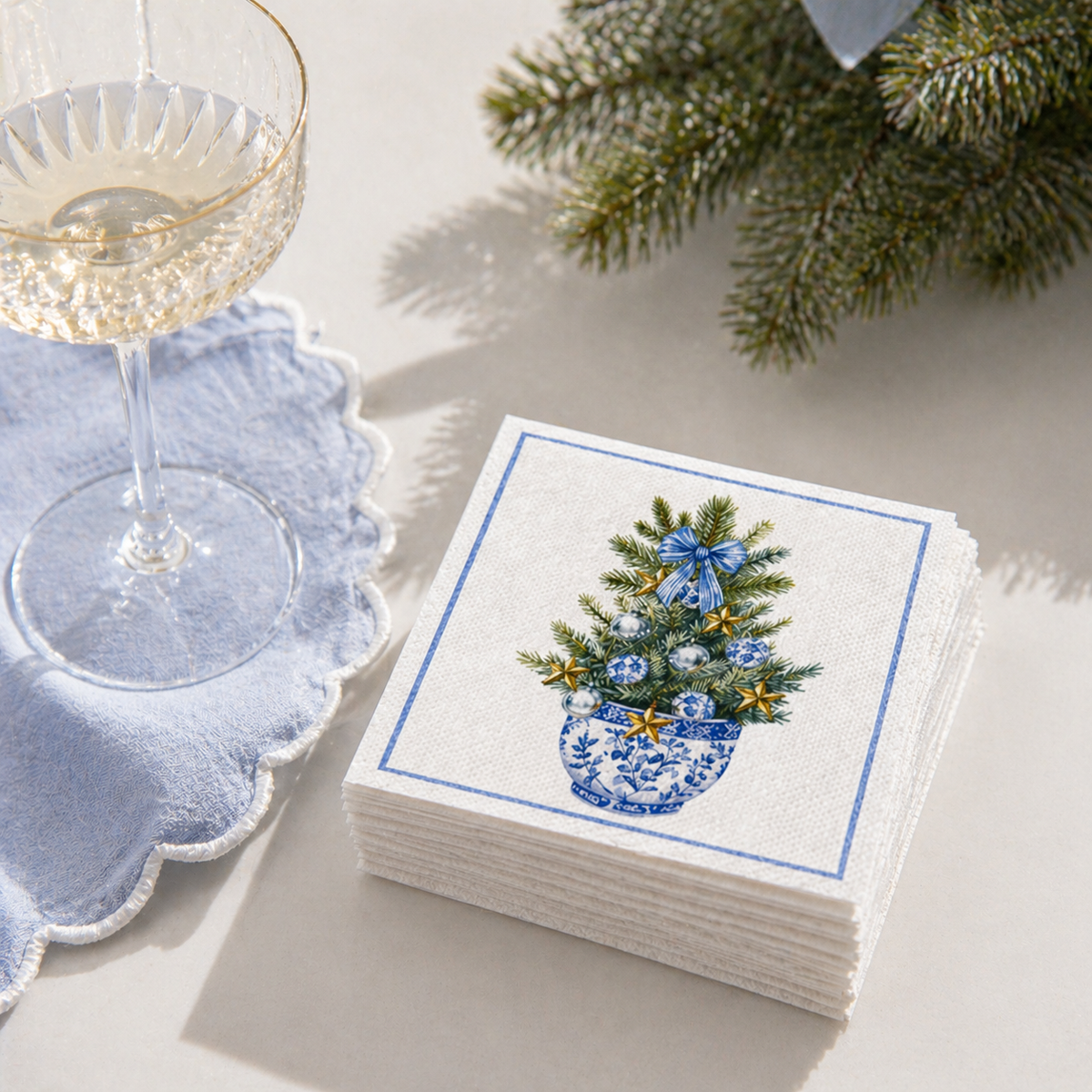 Linen-Feel Lunch Napkins, Blue and White Chinoiserie Christmas Tree