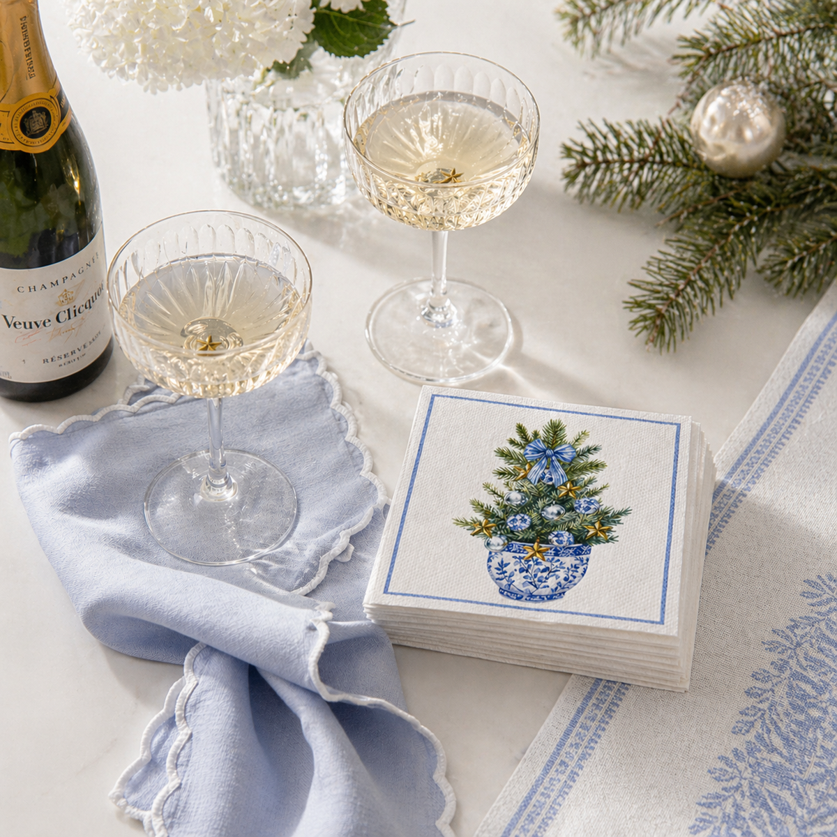 Linen-Feel Lunch Napkins, Blue and White Chinoiserie Christmas Tree - alternate view