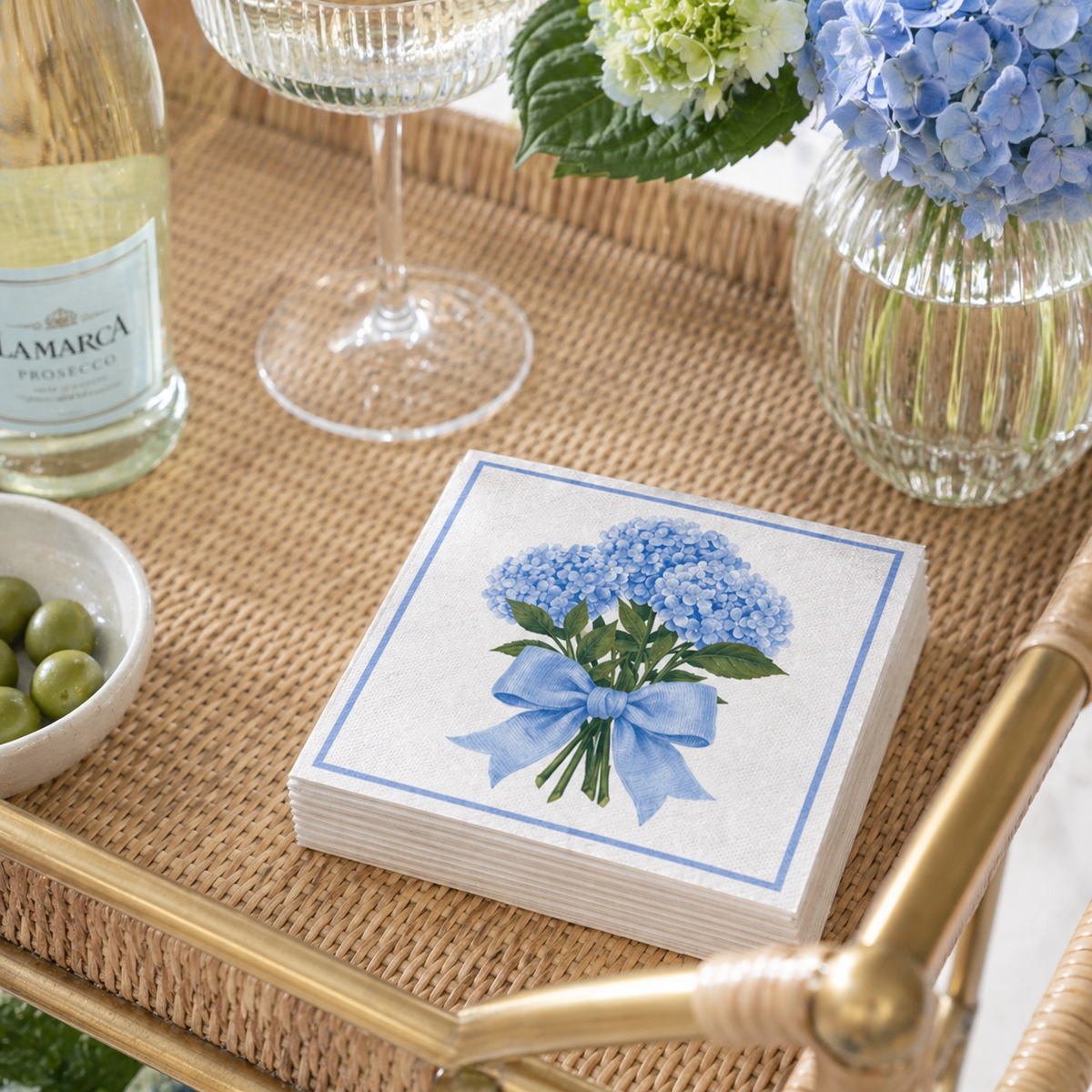 Maven Home Linen-Feel Lunch Napkins, Blue Hydrangea Bouquet with Bow - view 03