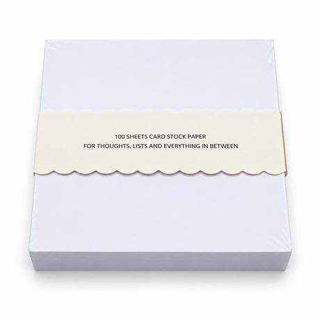 Back of a 5x5 notepad in cello wrap with a scalloped band reading 100 sheets card stock paper, for thoughts, lists and everything in between