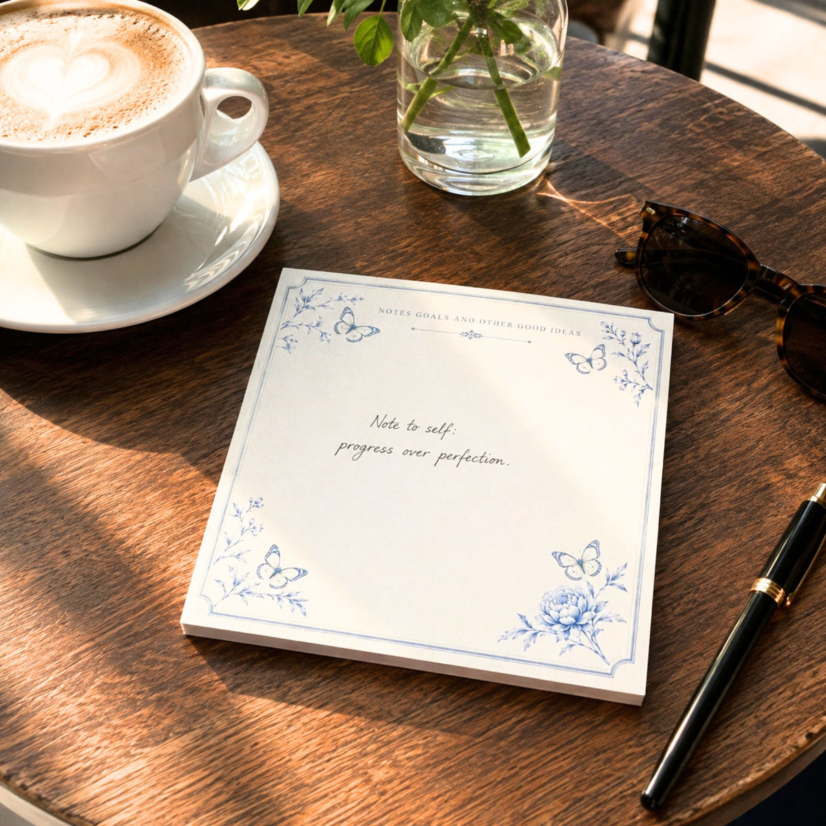 Notes and Goals notepad reading progress over perfection on a wood cafe table