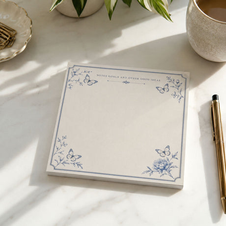 Notes, Goals and Other Good Ideas 5x5 notepad with blue butterflies on a marble desk