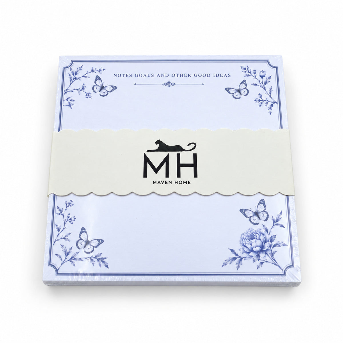 Notes, Goals and Other Good Ideas 5x5 notepad wrapped in its scalloped MH band, with blue butterflies and a peony