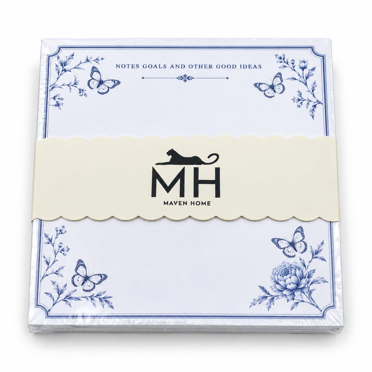 Notes, Goals and Other Good Ideas notepad in its MH band with blue butterflies and a peony