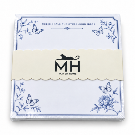 Notes, Goals and Other Good Ideas notepad in its MH band with blue butterflies and a peony