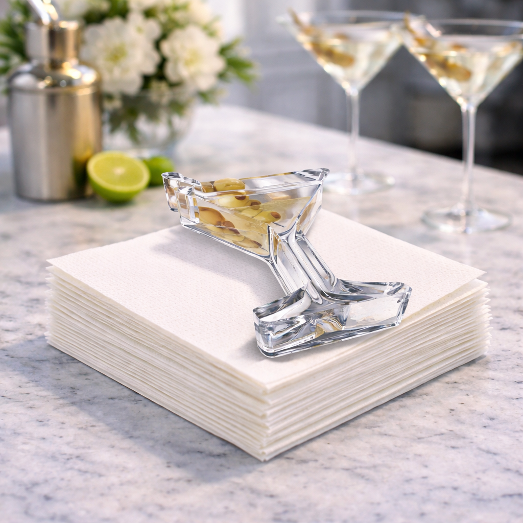 Martini acrylic napkin weight: a classic martini glass with three skewered olives, drawn in fine black lines