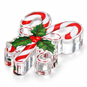 Clear Candy Cane acrylic napkin weight on white, showing two red-and-white candy canes with holly leaves and berries and the thick acrylic edge
