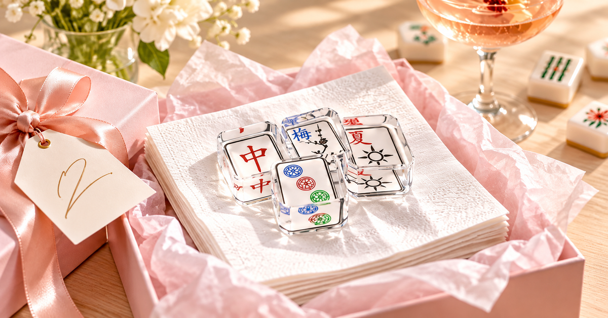 Mahjong acrylic napkin weight on white cocktail napkins in a pink gift box with tissue paper and ribbon