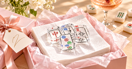 Mahjong acrylic napkin weight on white cocktail napkins in a pink gift box with tissue paper and ribbon