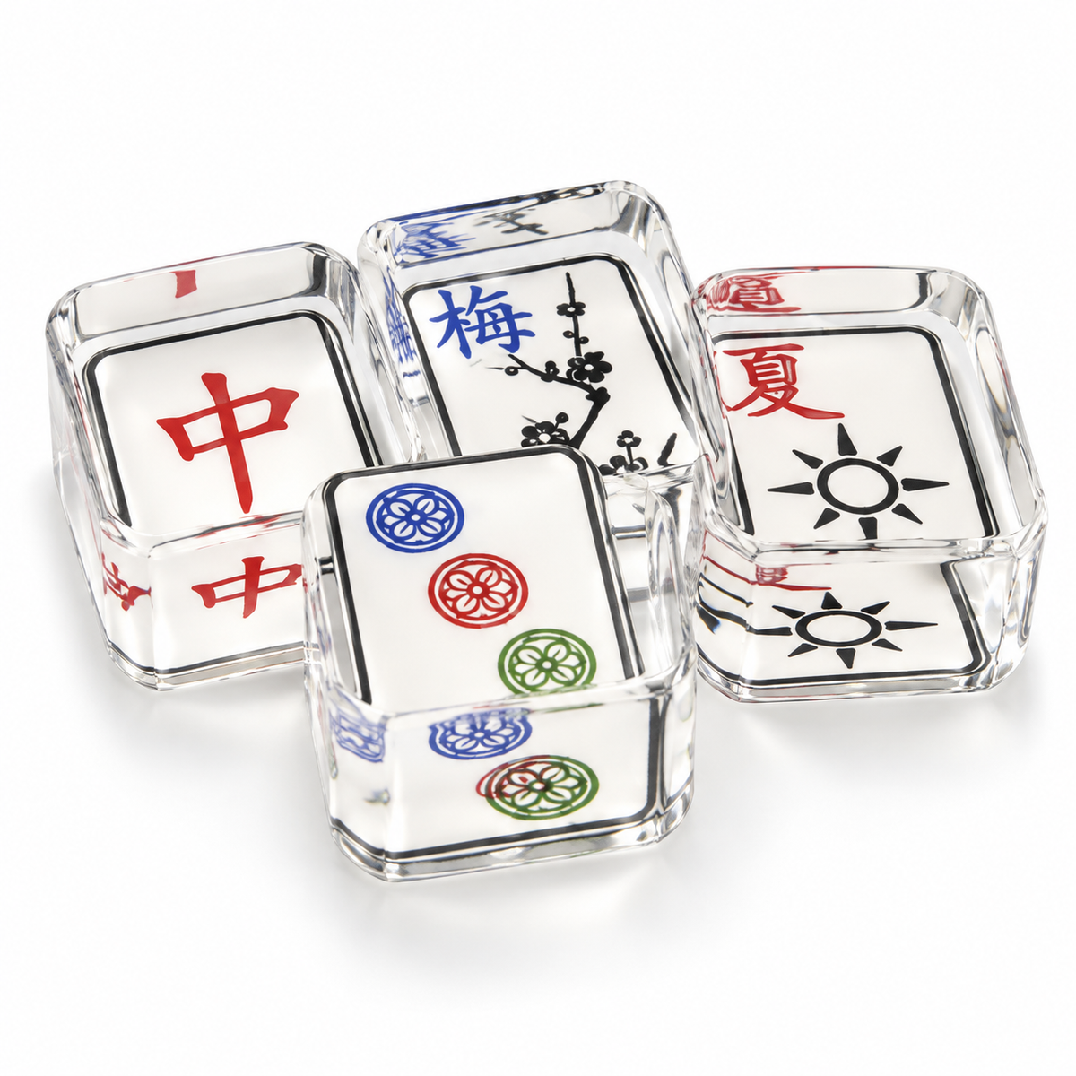 Mahjong acrylic napkin weight on white, a cluster of mahjong tiles including red dragon, plum blossom and circle tiles