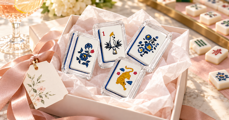 Mahjong 2 acrylic napkin weight in a pink gift box with tissue paper, showing the blue flower, bird and tiger tiles