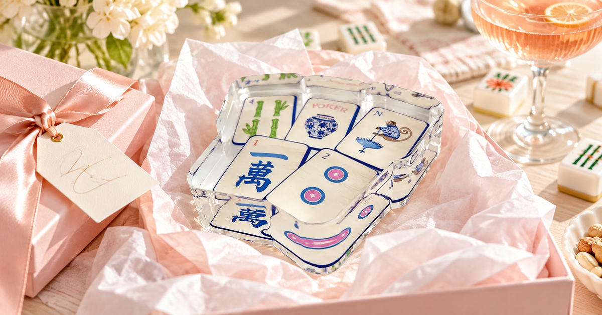 Preppy Mahjong acrylic napkin weight in a pink gift box with tissue paper and ribbon