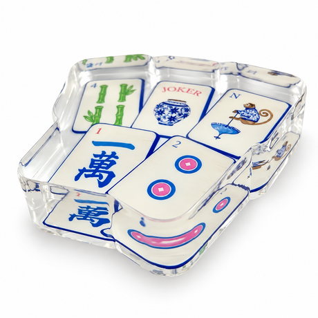 Preppy Mahjong acrylic napkin weight on white, a cluster of blue, green and pink mahjong tiles