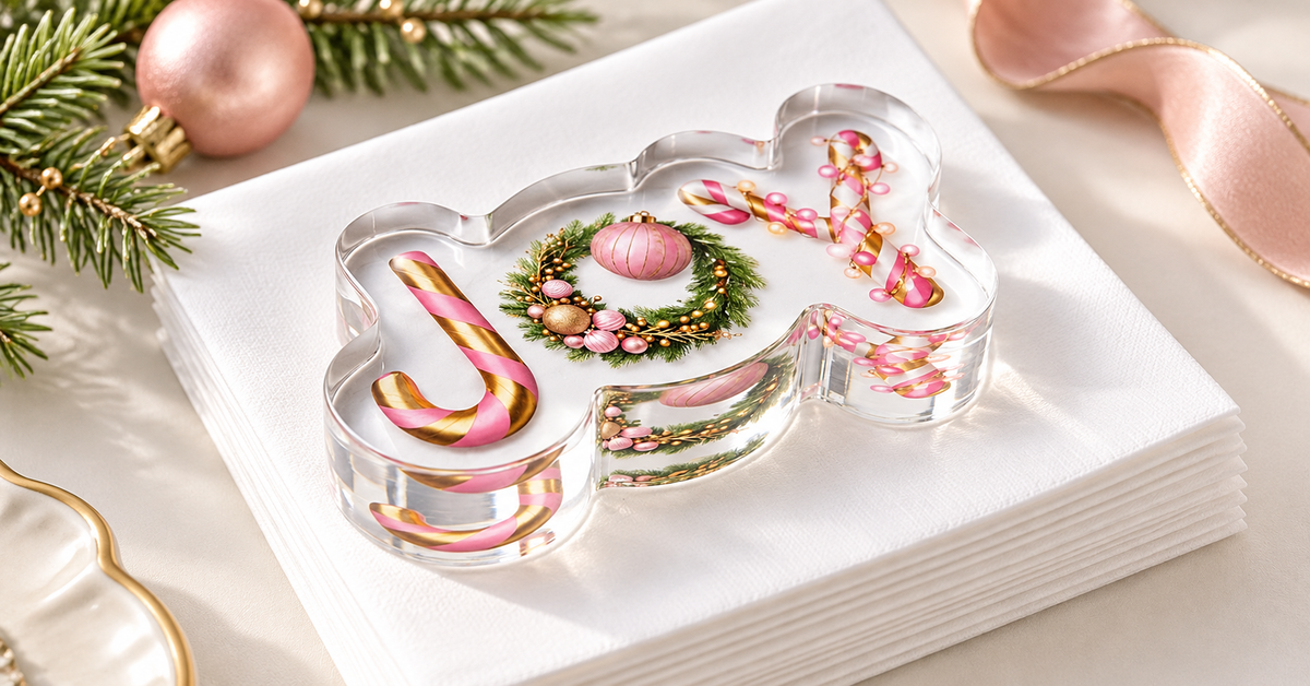 JOY acrylic napkin weight on a stack of white cocktail napkins with pine greenery, a blush pink ornament and pink ribbon