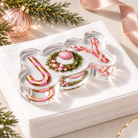 Close-up of the JOY acrylic napkin weight on white cocktail napkins, showing the candy cane J, pink ornament wreath O and pink bauble Y