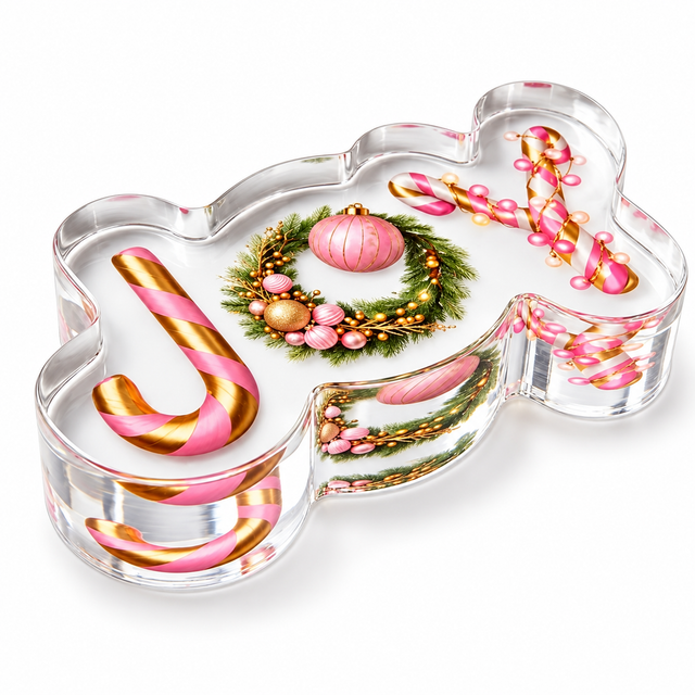 Clear JOY acrylic napkin weight on white, showing the pink-and-gold candy cane J, pink ornament wreath O and pink bauble Y with the thick acrylic edge