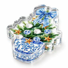 Clear Blue Christmas acrylic napkin weight on white, showing an evergreen tree with blue-and-white ornaments, gold stars and a striped blue bow in a chinoiserie planter