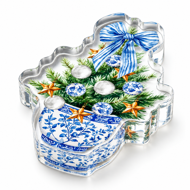 Clear Blue Christmas acrylic napkin weight on white, showing an evergreen tree with blue-and-white ornaments, gold stars and a striped blue bow in a chinoiserie planter