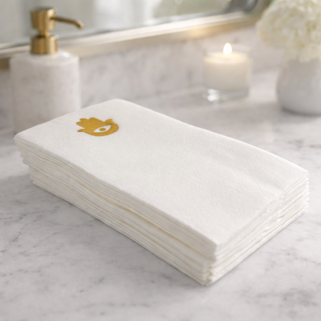 Linen-Feel Guest Towel Napkins, Gold Hamsa