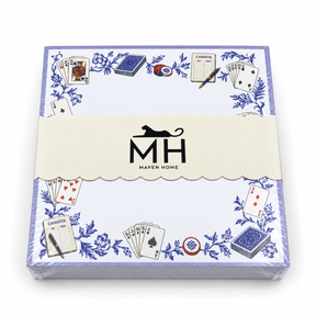 Proper Canasta notepad in its MH band with playing cards, canasta score pads, chips and blue florals
